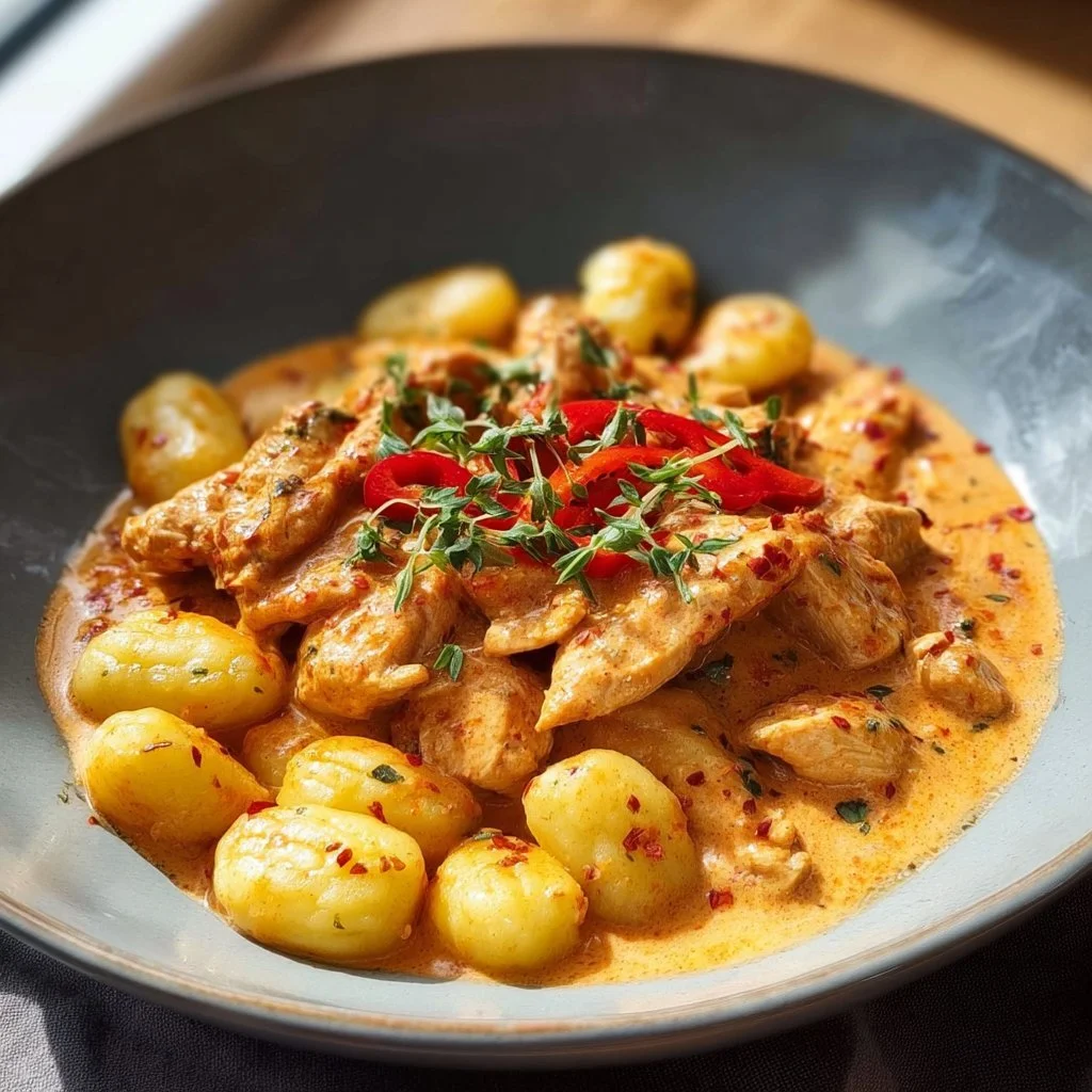 Paprika-Sahne-Hähnchen mit Gnocchi auf einem Teller serviert