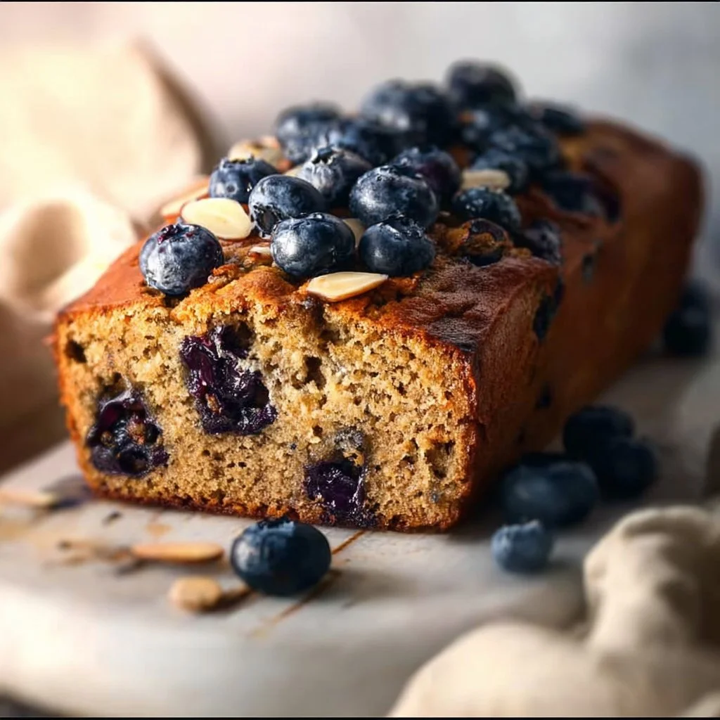 Saftiges Bananenbrot mit Blaubeeren auf einem Holzbrett.