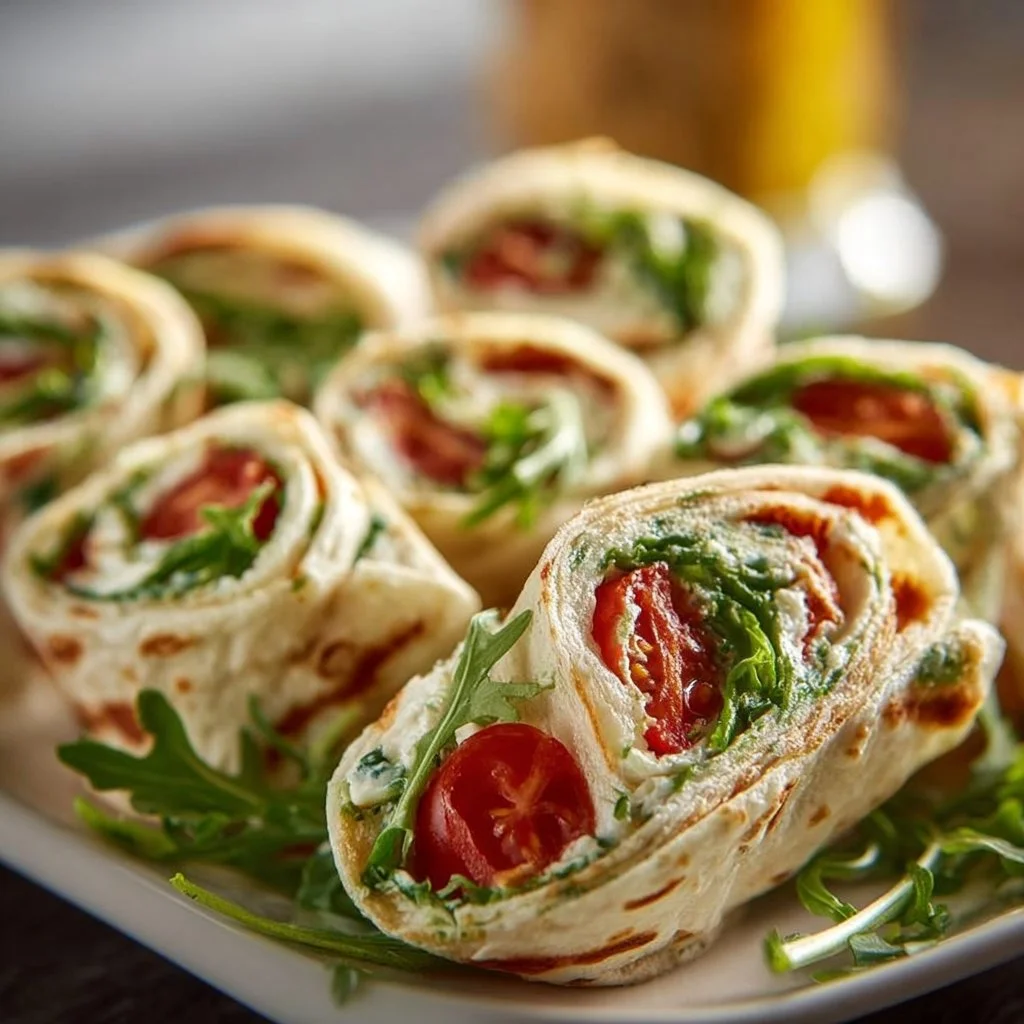 Vegetarische Wraps mit Rucola und Tomaten für Partybuffet