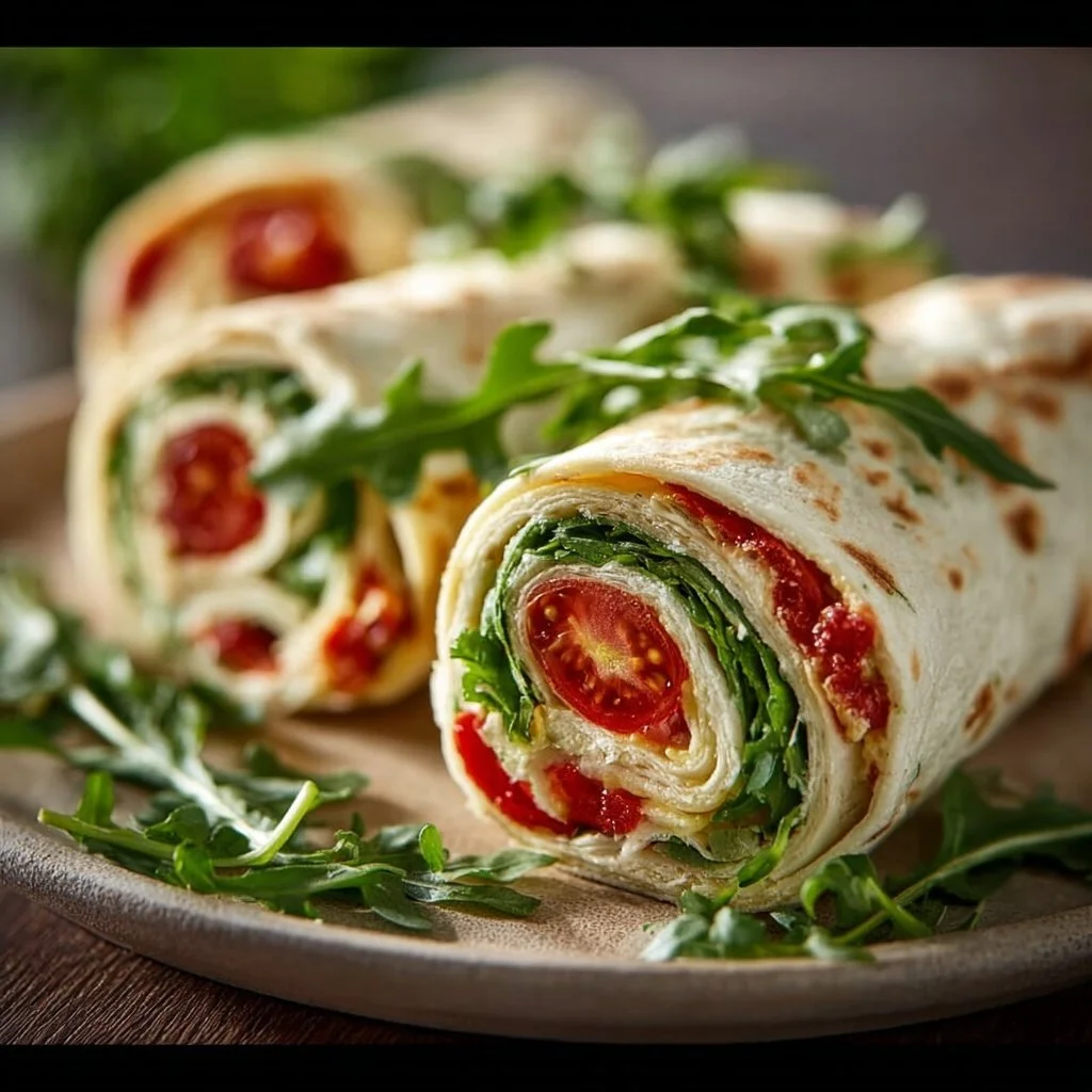 Vegetarische Wrap Röllchen mit Rucola und Tomaten – einfach & perfekt fürs Partybuffet