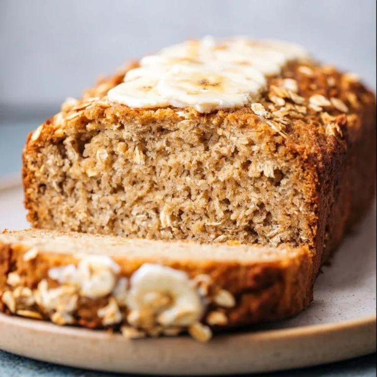 Delikates Bananenbrot mit Haferflocken und Joghurt auf einem Holztisch