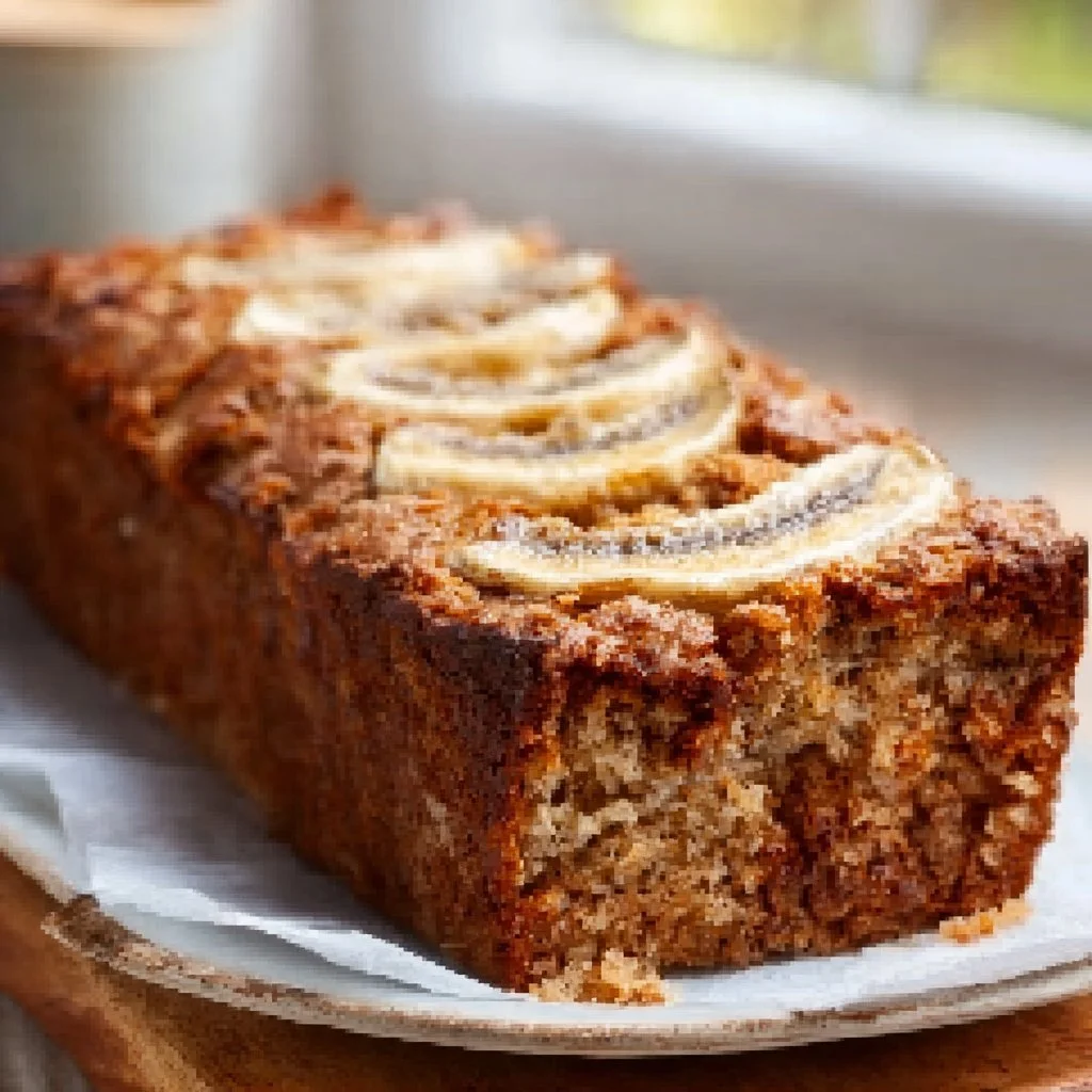 Leckerer Bananenkuchen auf einem Teller mit Bananenscheiben