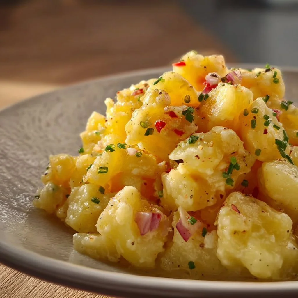Bayerischer Kartoffelsalat mit frischen Zutaten auf einem Teller
