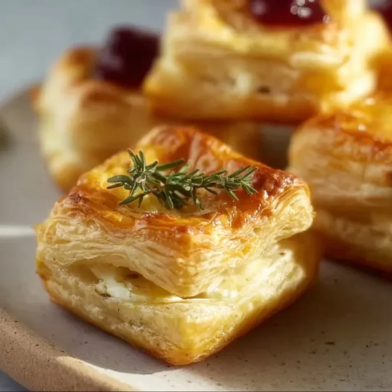 Blätterteig-Häppchen mit Camembert auf einem Teller serviert