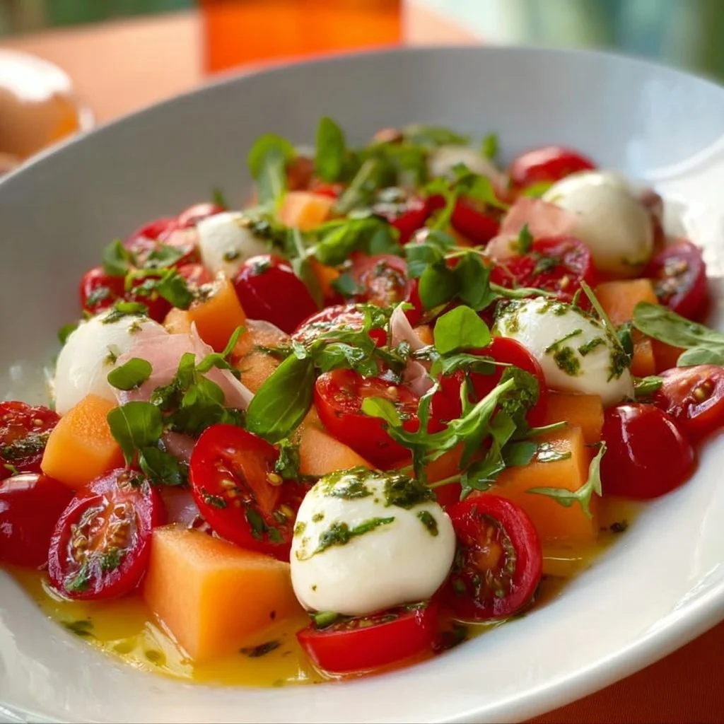Cantaloupe-Salat mit Cocktailtomaten und Büffel-Mozzarella auf dem Teller.