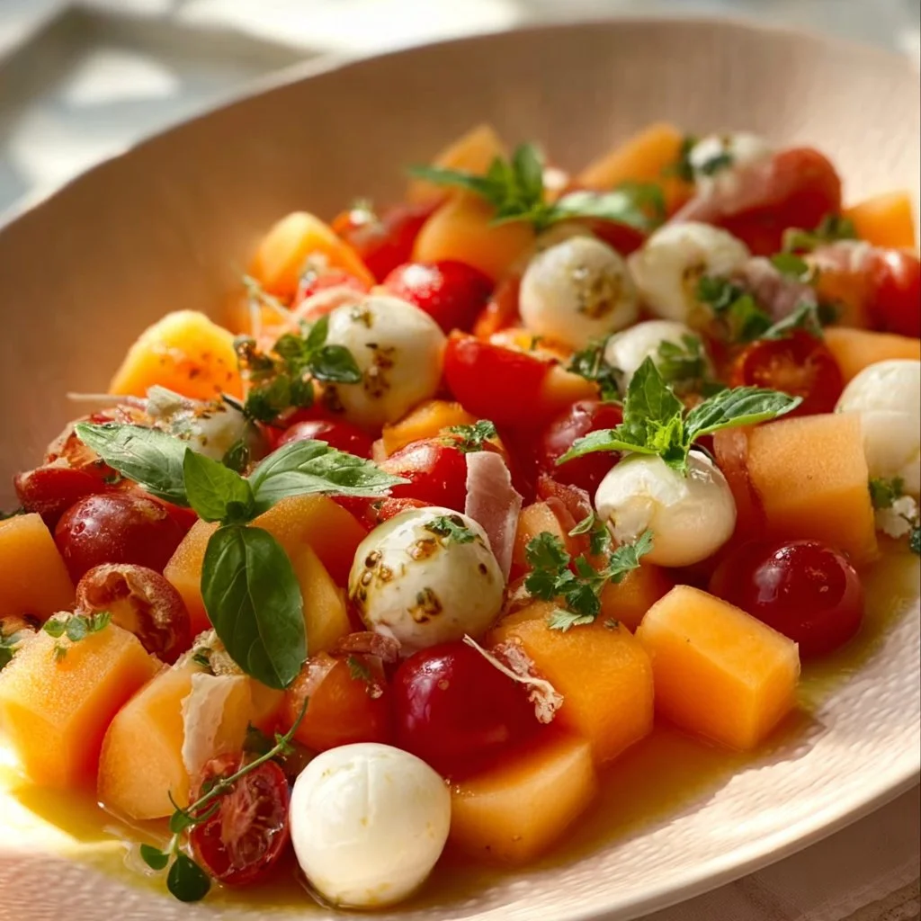 Cantaloupe-Salat mit Cocktailtomaten und Büffel-Mozzarella