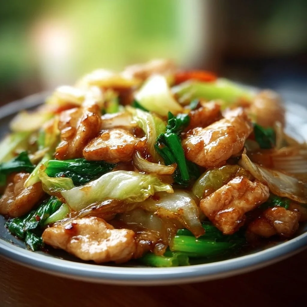 Chinesische Hähnchenpfanne mit Spitzkohl und Zwiebel auf dem Teller