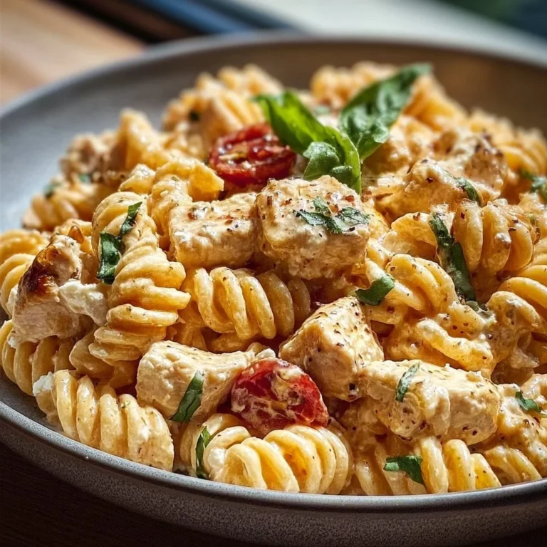 Cremige Hühnchen-Feta-Pasta auf einem Teller serviert