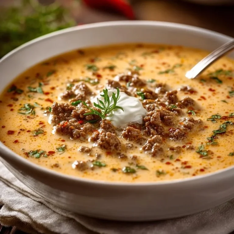 Cremige Käsesuppe mit Hackfleisch in einer Schüssel serviert
