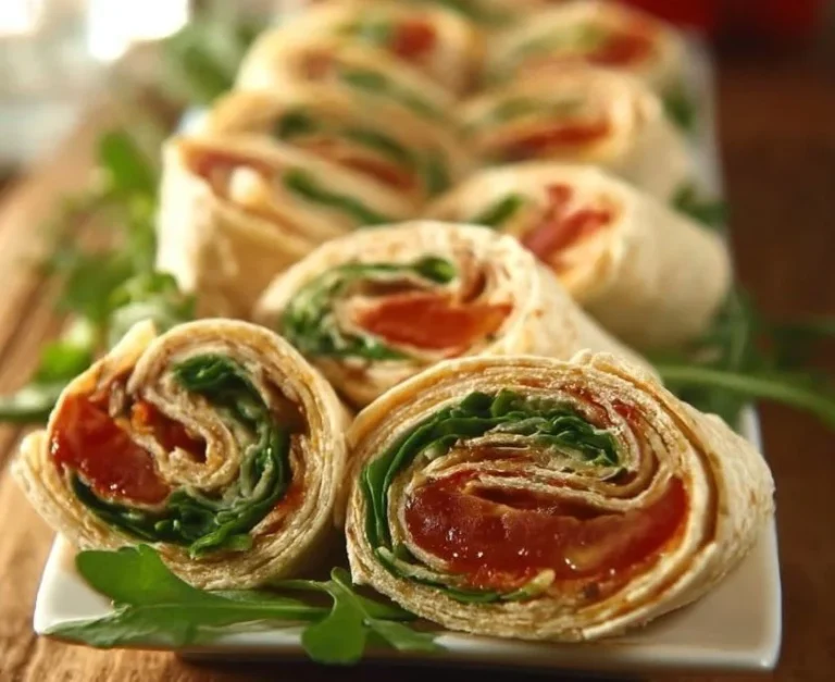 Cremige Wrap-Röllchen mit Rucola und Tomaten auf einem Teller serviert