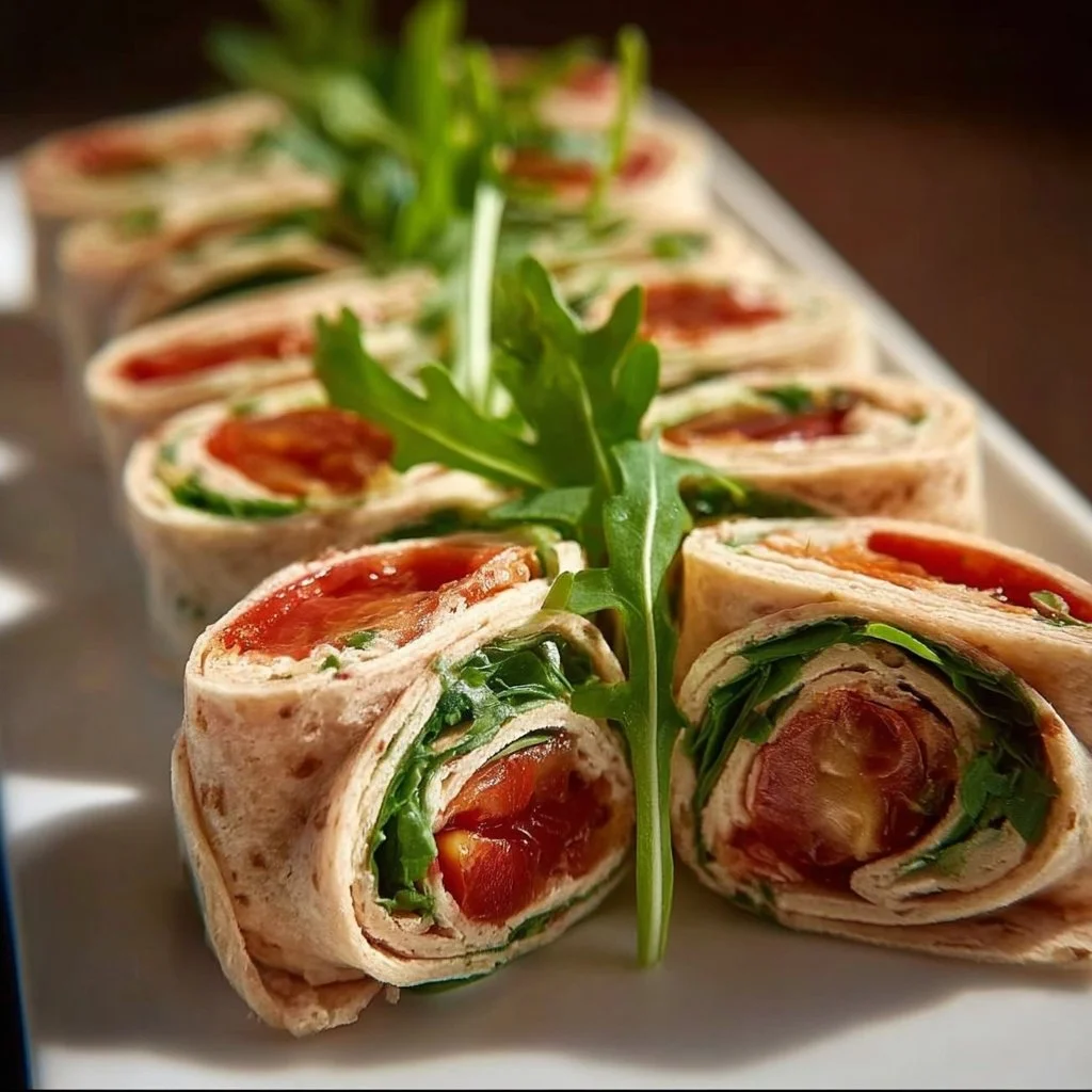 Cremige Wrap-Röllchen mit Rucola und Tomaten