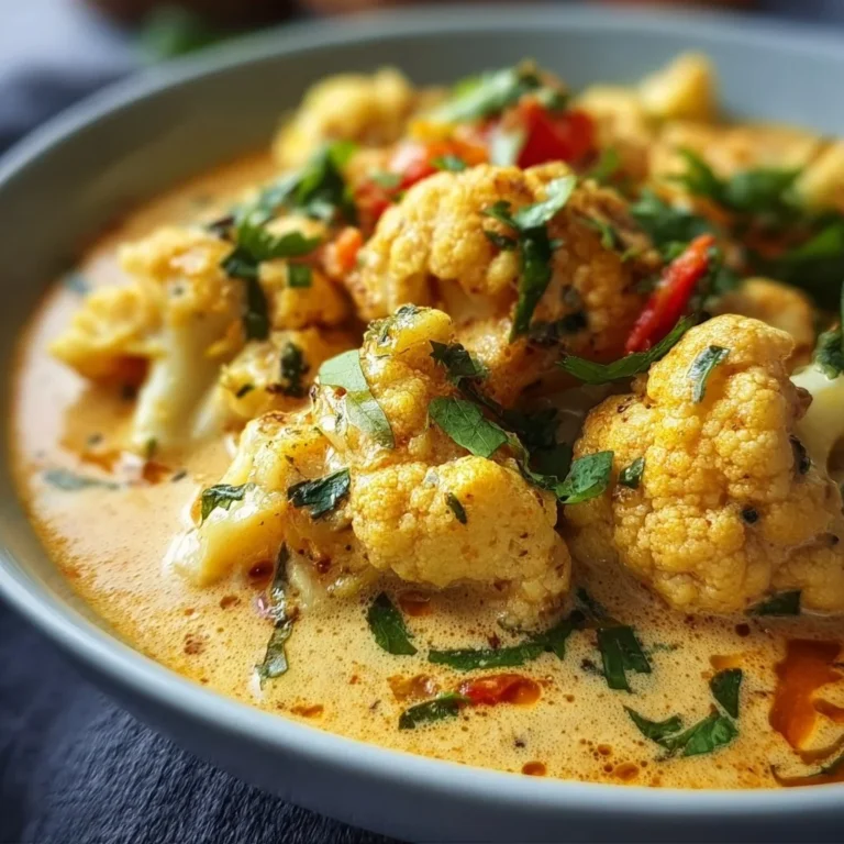 Cremiger Blumenkohl-Curry aus dem Backofen auf einem weißen Teller angerichtet.