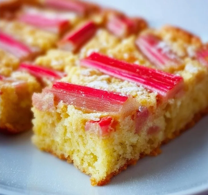 Rhabarber Sheet Cake mit Vanillepudding auf einem Teller serviert