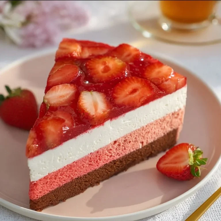 Ein schöner dreifarbiger Erdbeerkuchen mit frischen Erdbeeren und Sahne