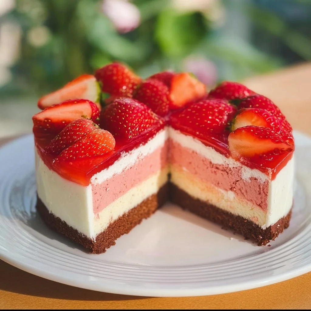 Dreifarbiger Erdbeerkuchen