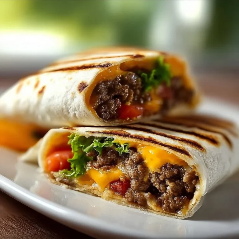 Gegrillte Cheeseburger-Wraps auf einem Teller, serviert mit frischen Zutaten.