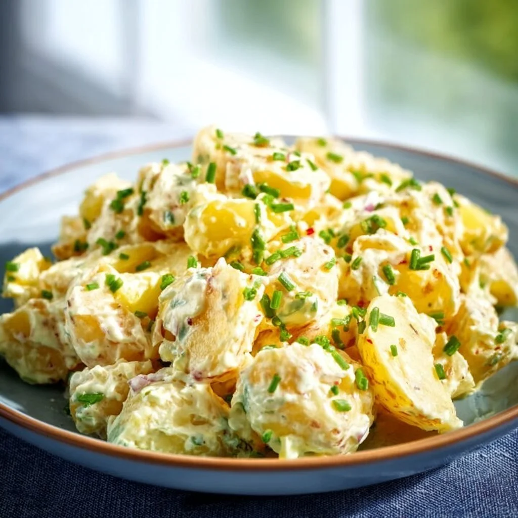 Einfache Kartoffelsalat mit frischen Zutaten auf einem Teller