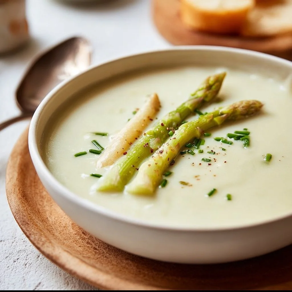 Schüssel mit einfacher Spargelcremesuppe, verziert mit frischem Spargel