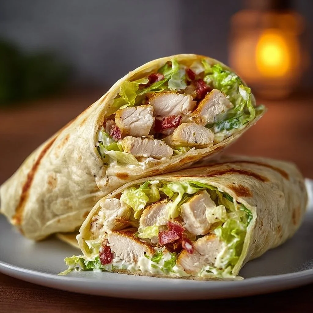 Eiweißreicher Chicken Caesar Wrap mit frischen Zutaten und leckerem Dressing.
