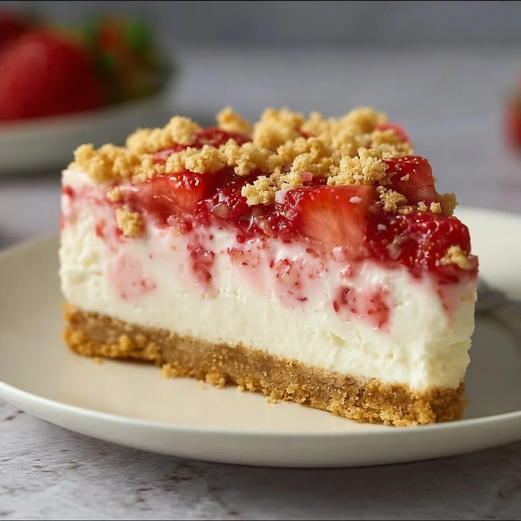 Erdbeer Crunch Käsekuchen ohne Backen mit frischen Erdbeeren und knusprigem Boden