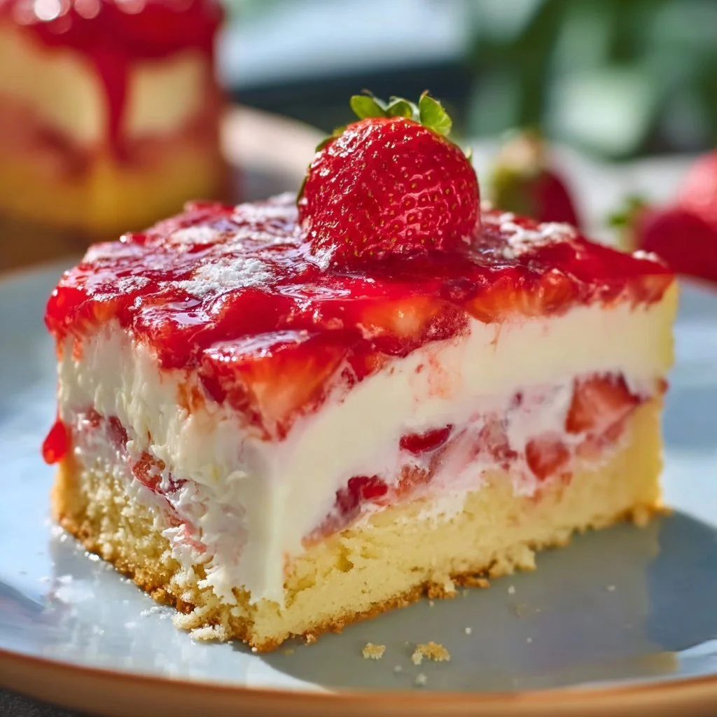 Leckere Scheibe Erdbeer-Schmandkuchen auf einem Teller, dekoriert mit frischen Erdbeeren