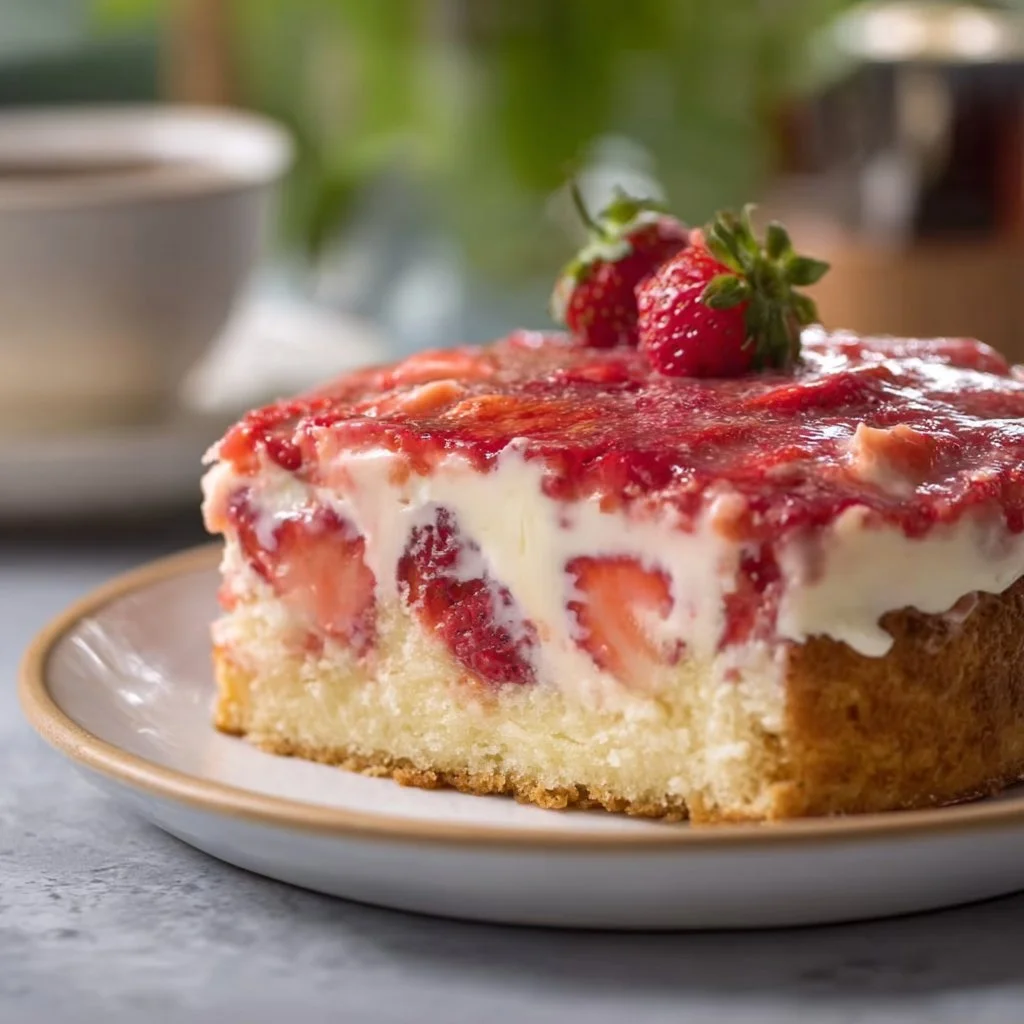 Erdbeer Schmandkuchen mit frischen Erdbeeren und Sahne auf einem Teller