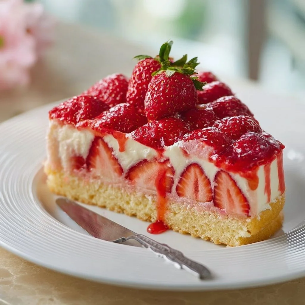 Erdbeerkuchen mit Biskuitboden auf einem Teller, garniert mit frischen Erdbeeren