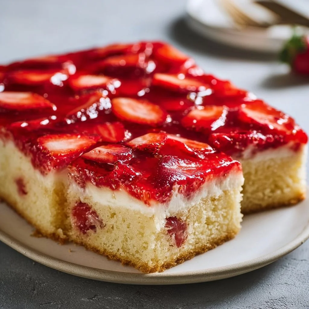 Erdbeerkuchen vom Blech mit Pudding, frisch zubereitet