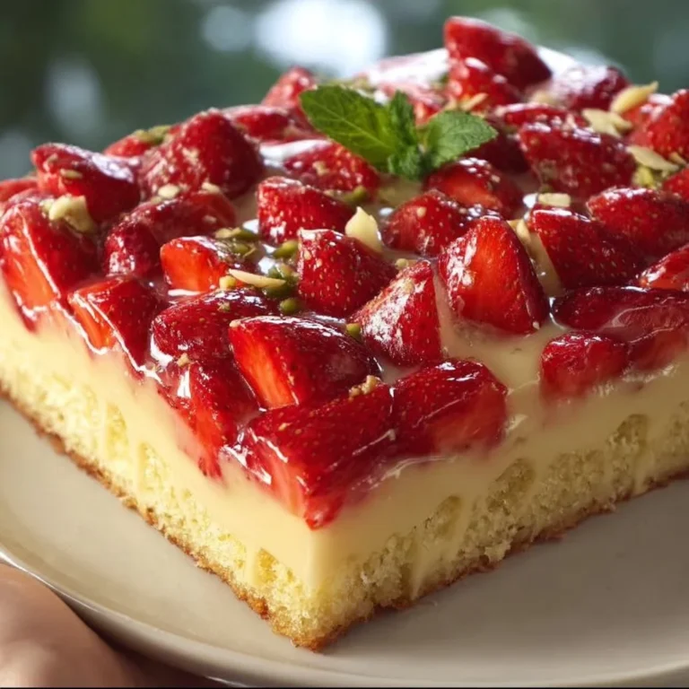 Erdbeerkuchen vom Blech mit Vanillepudding auf einem Tisch serviert
