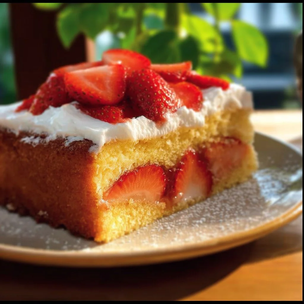 Fanta Kuchen mit Erdbeeren auf einem Teller serviert