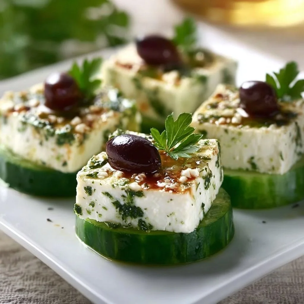 Feta-Gurken-Cracker auf einem Teller, perfekt für Snacks.