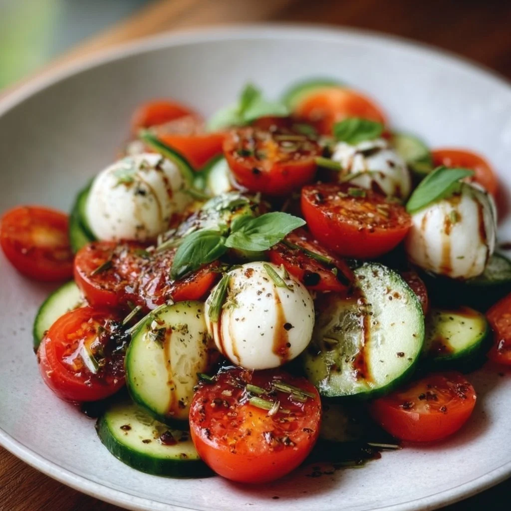 Frischer Gurken-Caprese-Salat mit Mozzarella und Basilikum auf einem Teller