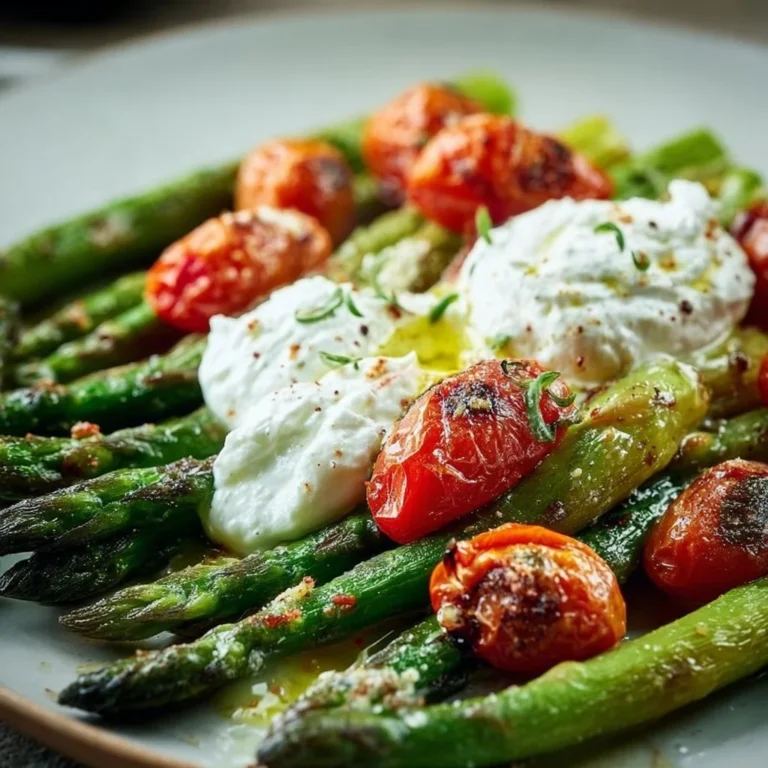Gerösteter grüner Spargel mit Burrata und Tomaten auf einem Teller.