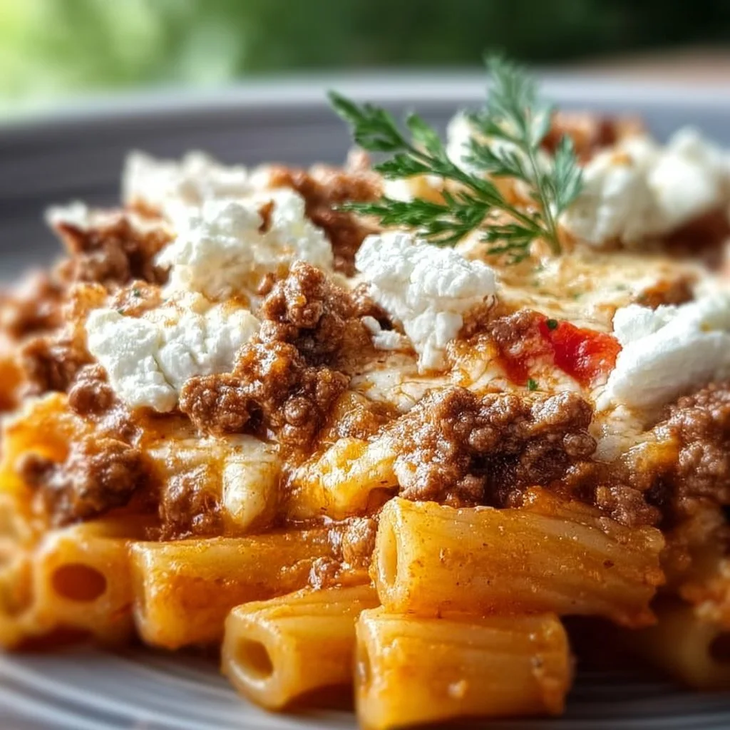 Griechischer Nudel-Auflauf mit Feta und Hackfleisch, serviert in einer Auflaufform.