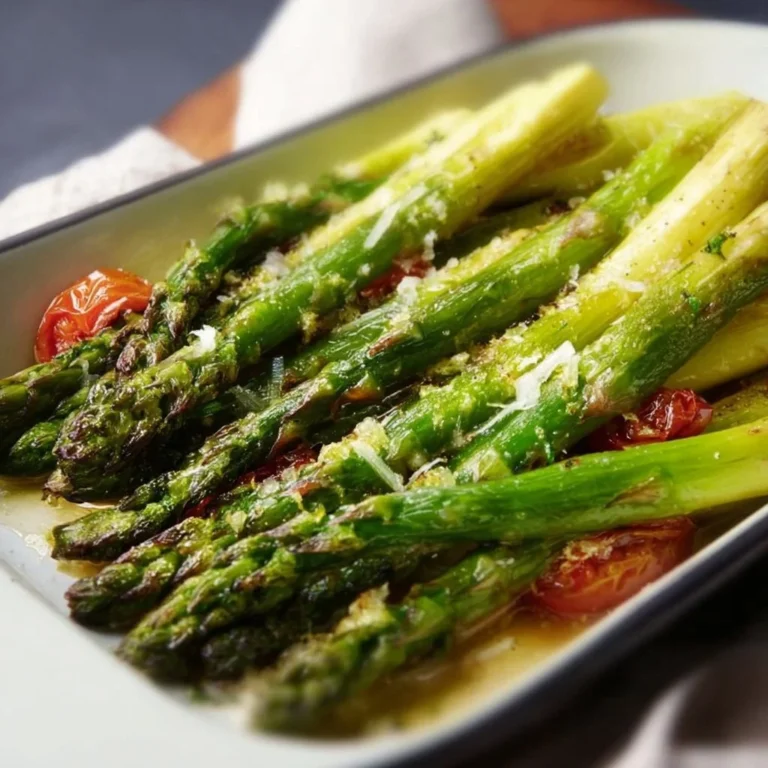 Grüner Spargel frisch aus dem Backofen, serviert auf einem Teller.
