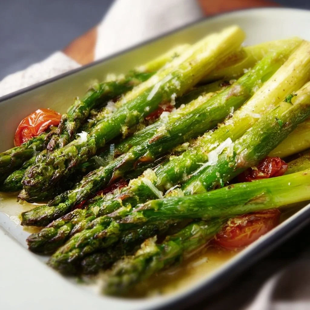 Grüner Spargel frisch aus dem Backofen, serviert auf einem Teller.