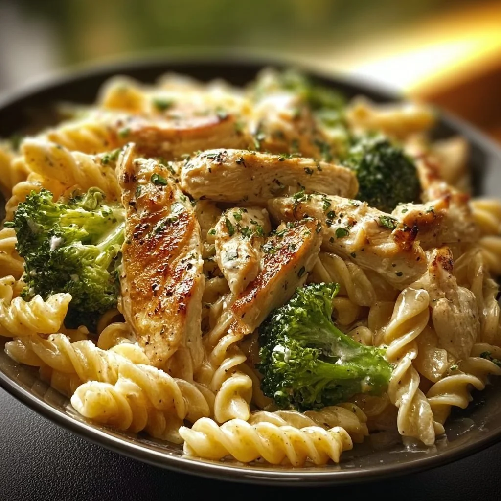Hähnchen-Brokkoli-Pasta mit frischen Zutaten auf einem Teller
