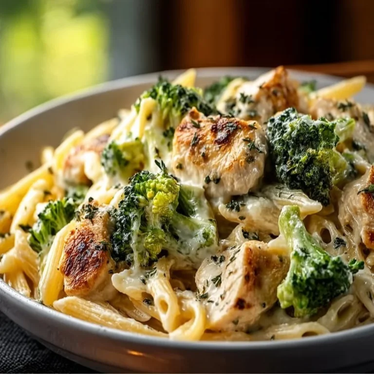 Cremige Hähnchen Brokkoli Pasta mit Brokkoli und Hähnchenstücken