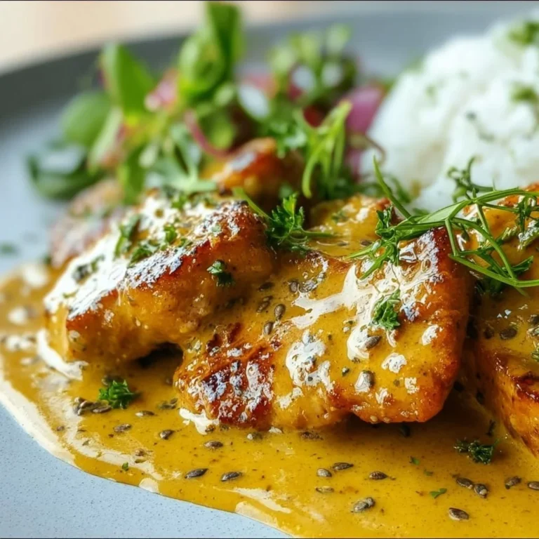 Hähnchen in einer verführerischen Honig-Senf-Sauce auf einem Teller serviert.