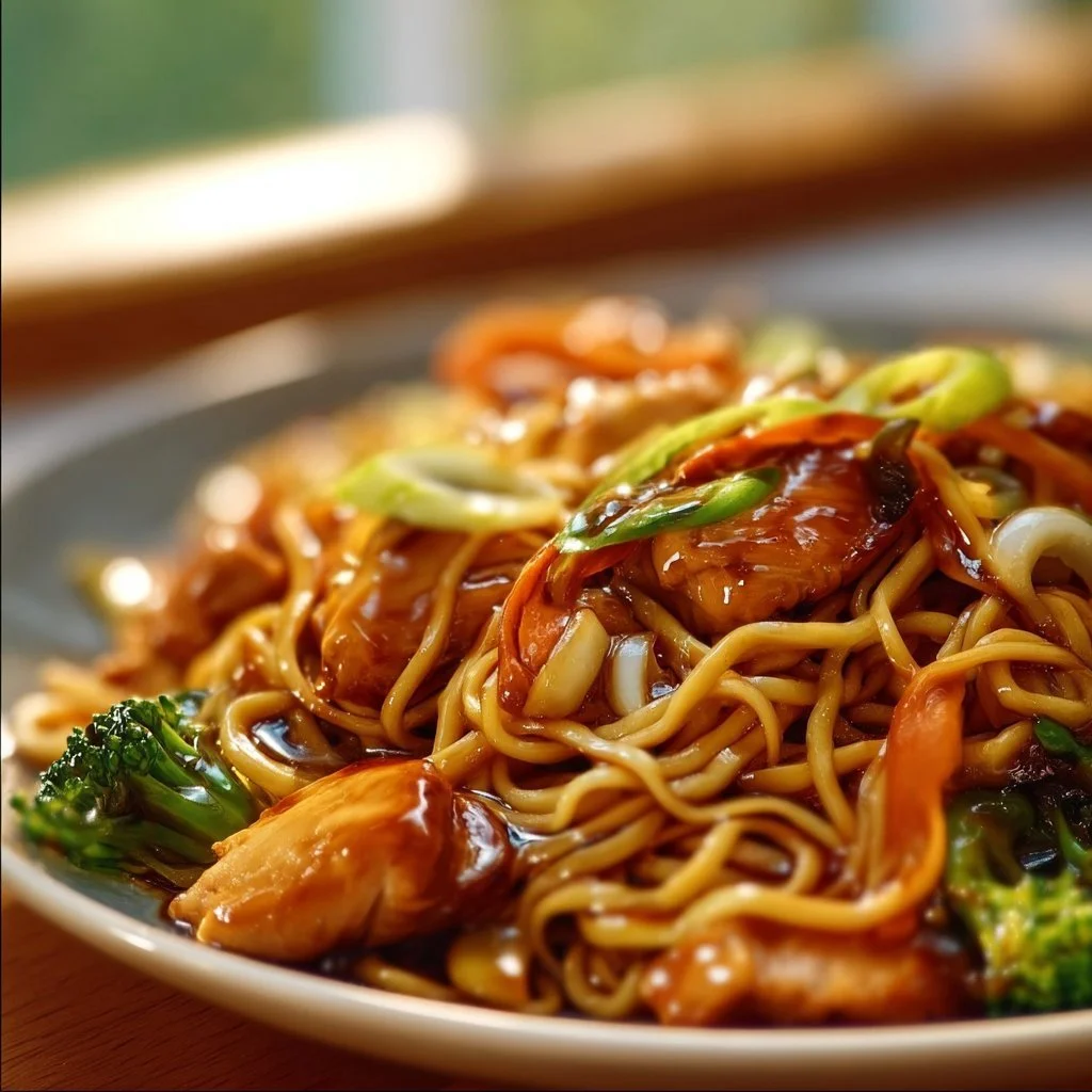 Hähnchen-Teriyaki-Nudeln mit frischem Gemüse und Sauce auf einem Teller