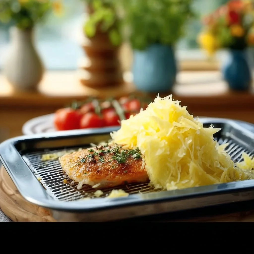Hähnchenbrust in cremiger Sahnesauce serviert auf einem Teller.