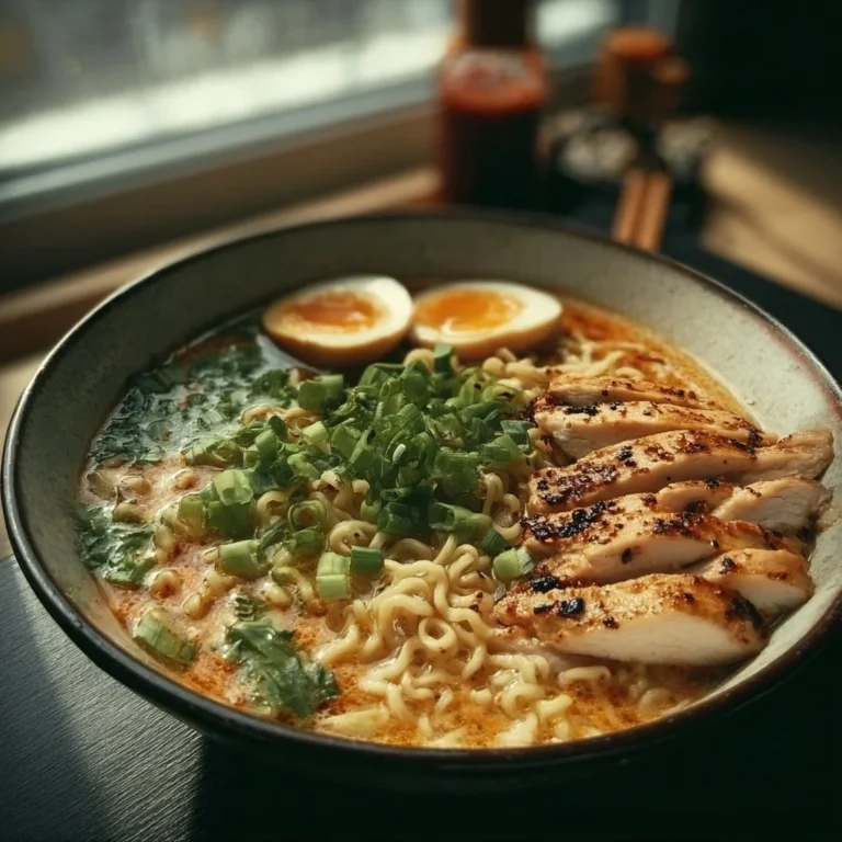 Schüssel mit Hähnchen Ramen und frischen Zutaten