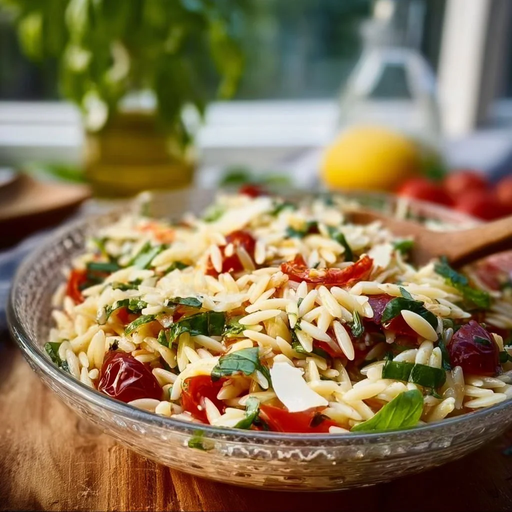 Ein erfrischend bunter italienischer Orzo Salat mit frischem Gemüse und Kräutern.