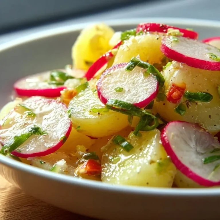 Frisch zubereiteter Kartoffel-Radieschen-Salat auf einem weißen Teller