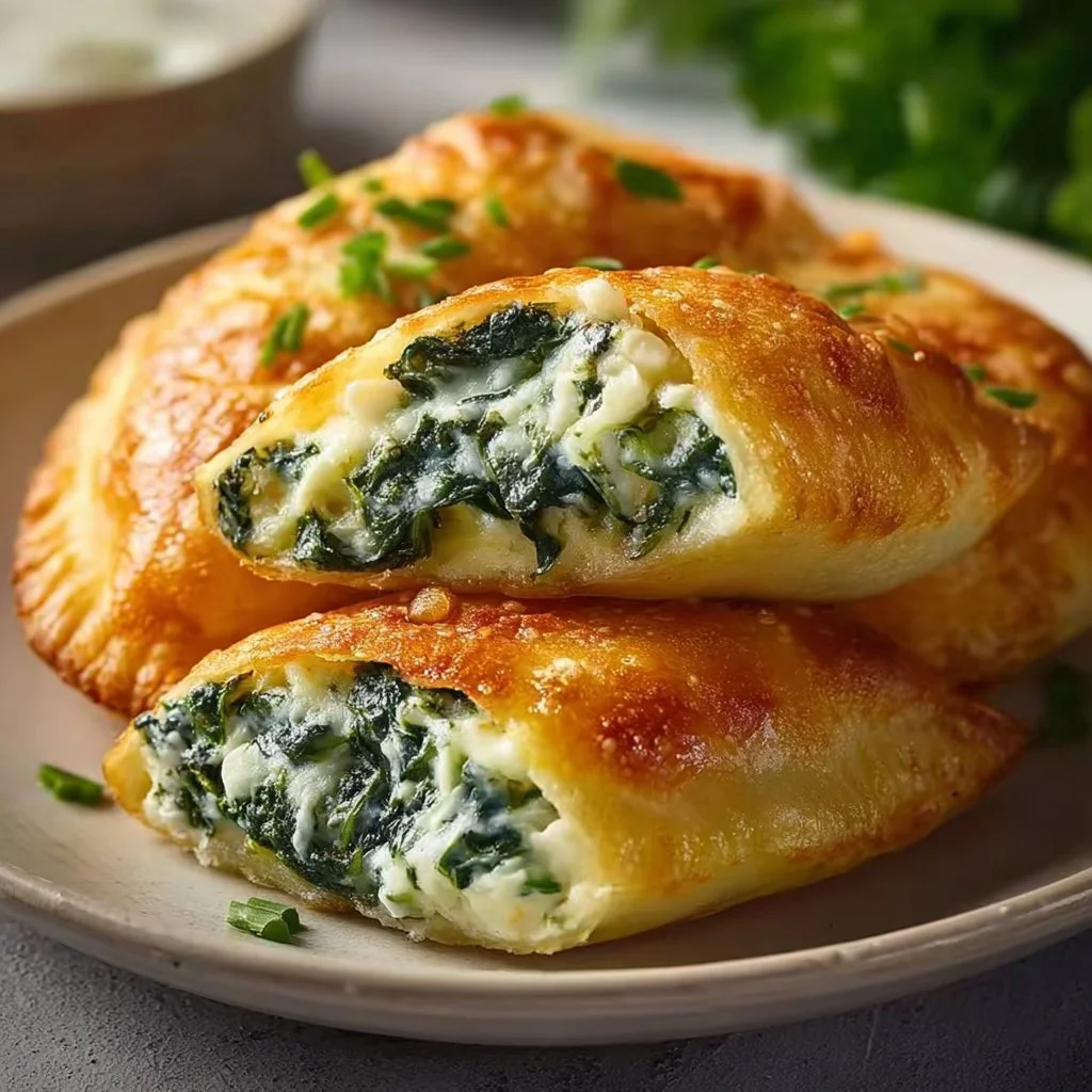 Kartoffeltaschen gefüllt mit Spinat und Frischkäse auf Teller.