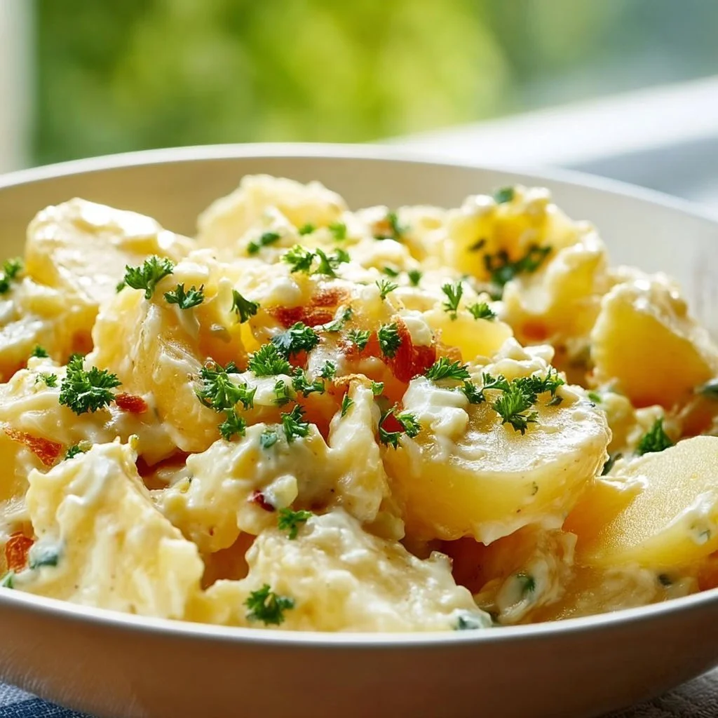 Klassischer Kartoffelsalat auf einem Teller garniert mit frischen Kräutern.