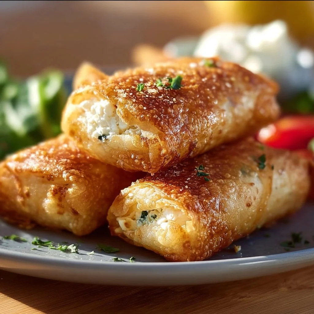 Knusprige Ofen-Feta-Röllchen frisch aus dem Ofen auf einem Teller
