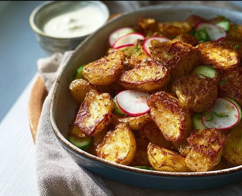 Knuspriger Kartoffelsalat ohne Mayo in einer Schüssel serviert