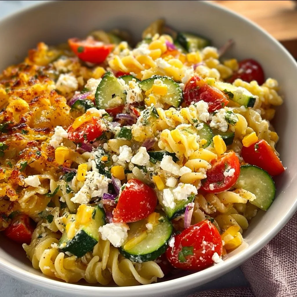 Knuspriger Pasta Salat mit Feta und buntem Gemüse in einer Schüssel