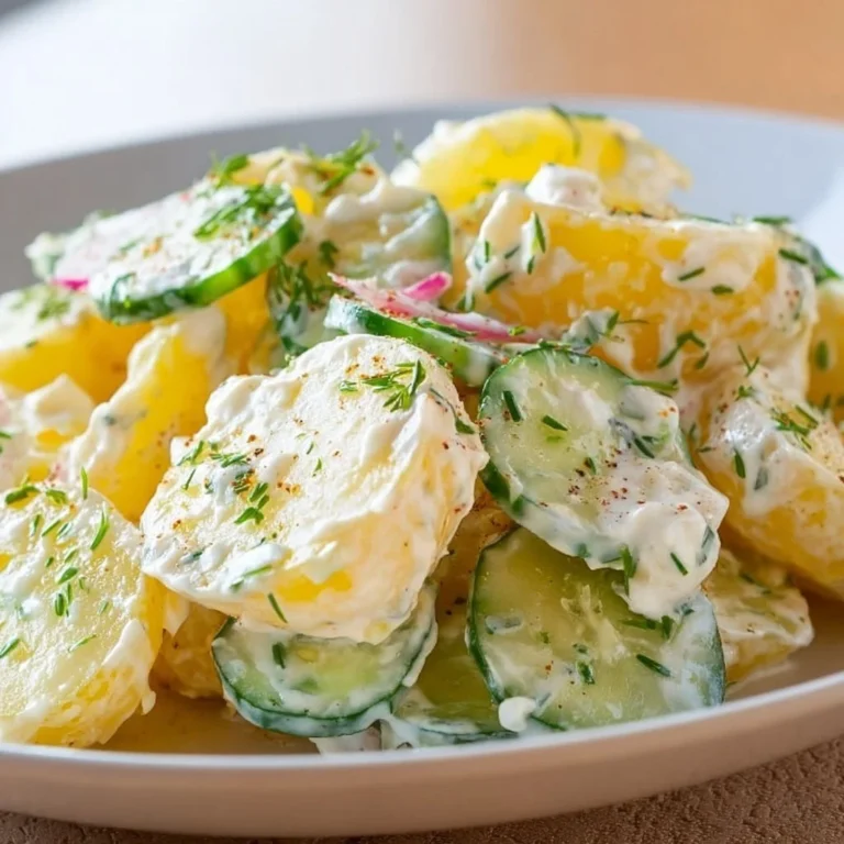 Leichter Kartoffelsalat mit Joghurt und Gurke auf einem weißen Teller